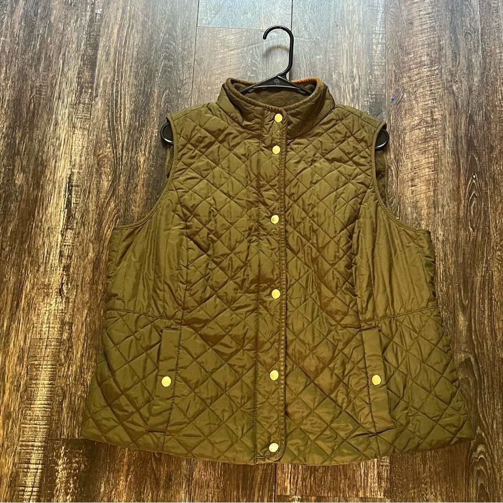 Talbots Olive Quilted Vest with Gold Buttons